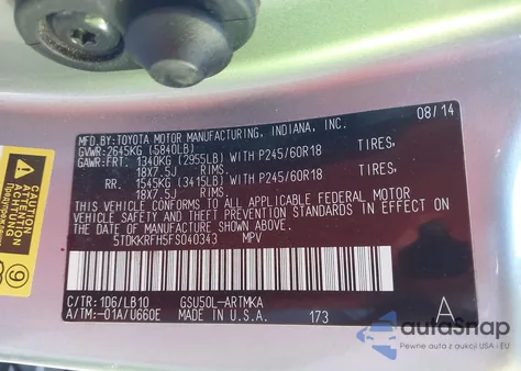 2015 Toyota Highlander Xle V6 from USA, damaged, VIN 5TDKKRFH5FS040343